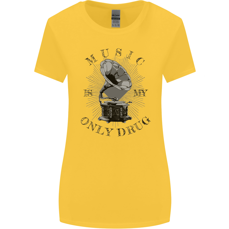 Music Is My Only Drug Funny DJ Vinyl Decks Womens Wider Cut T-Shirt Yellow