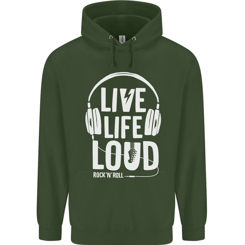 Music Live Life Loud Rock n Roll Guitar Childrens Kids Hoodie Forest Green