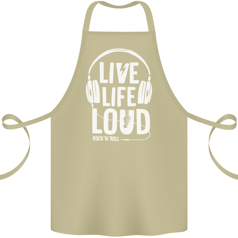 Music Live Life Loud Rock n Roll Guitar Cotton Apron 100% Organic Khaki