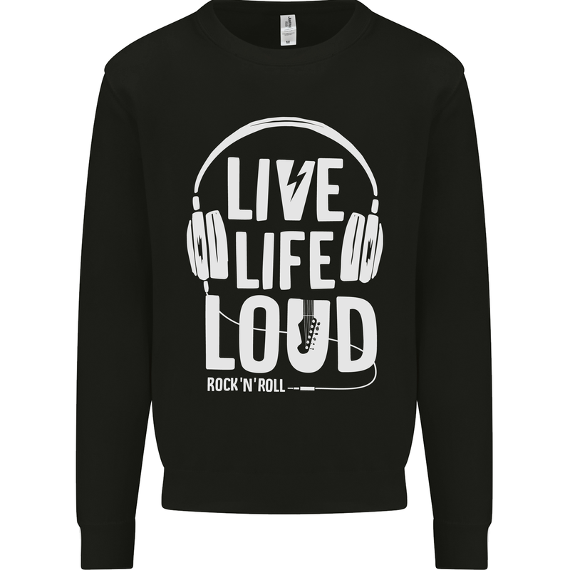 Music Live Life Loud Rock n Roll Guitar Kids Sweatshirt Jumper Black