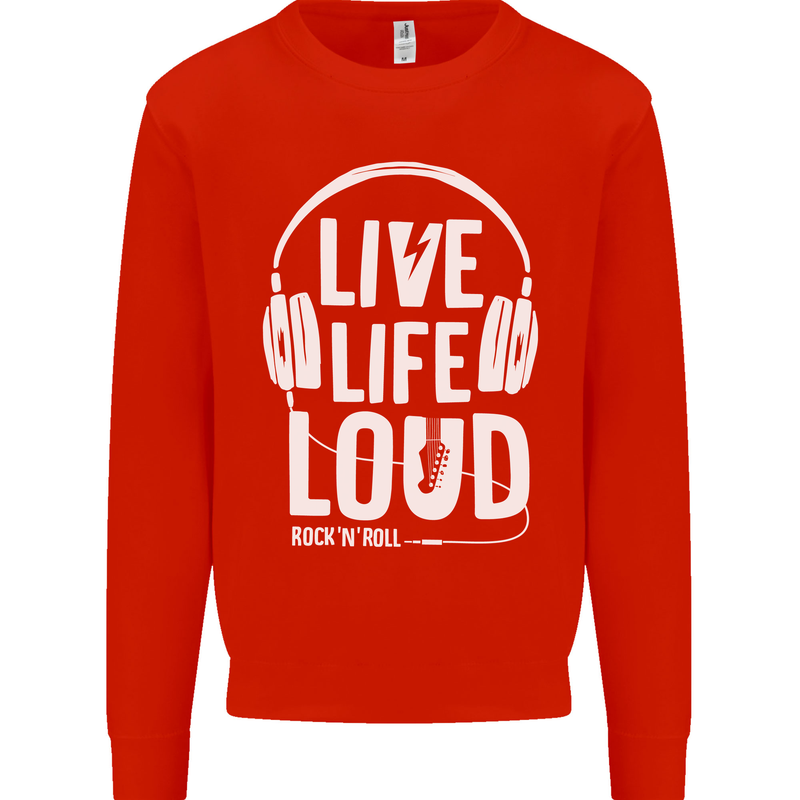 Music Live Life Loud Rock n Roll Guitar Kids Sweatshirt Jumper Bright Red