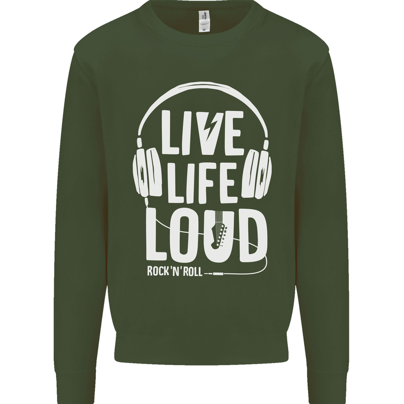 Music Live Life Loud Rock n Roll Guitar Kids Sweatshirt Jumper Forest Green