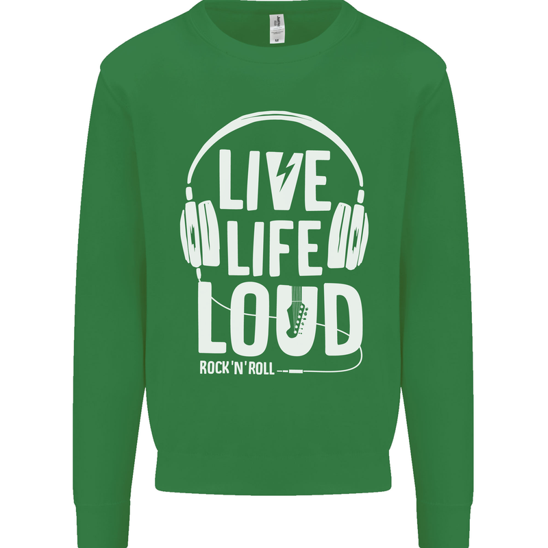 Music Live Life Loud Rock n Roll Guitar Kids Sweatshirt Jumper Irish Green