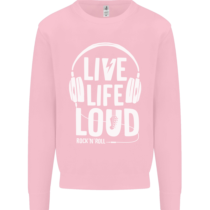 Music Live Life Loud Rock n Roll Guitar Kids Sweatshirt Jumper Light Pink