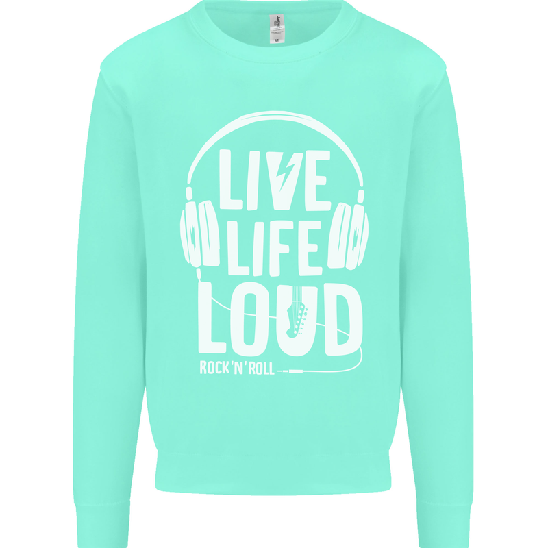 Music Live Life Loud Rock n Roll Guitar Kids Sweatshirt Jumper Peppermint