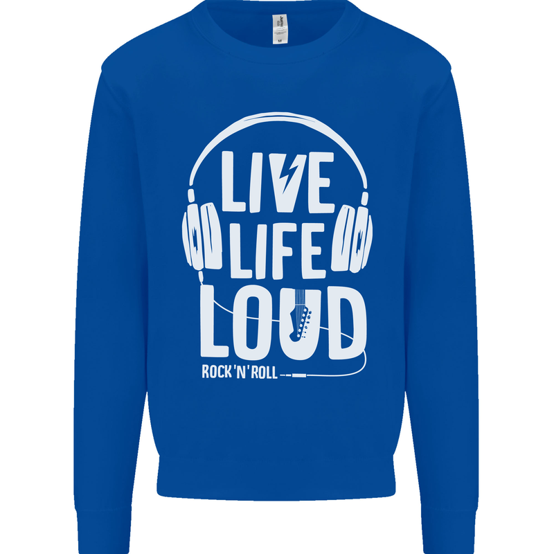 Music Live Life Loud Rock n Roll Guitar Kids Sweatshirt Jumper Royal Blue