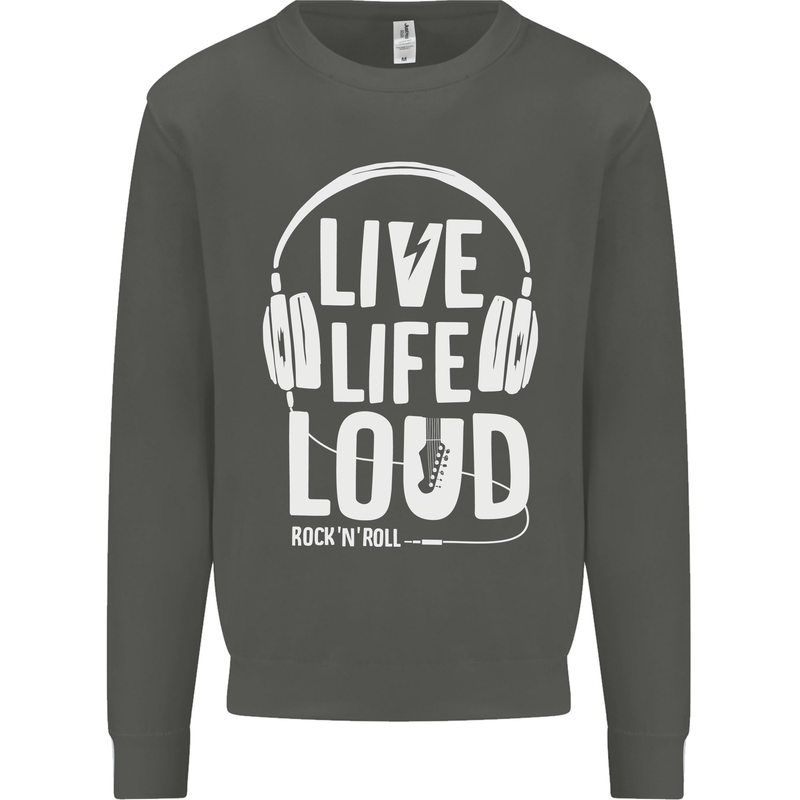 Music Live Life Loud Rock n Roll Guitar Kids Sweatshirt Jumper Storm Grey