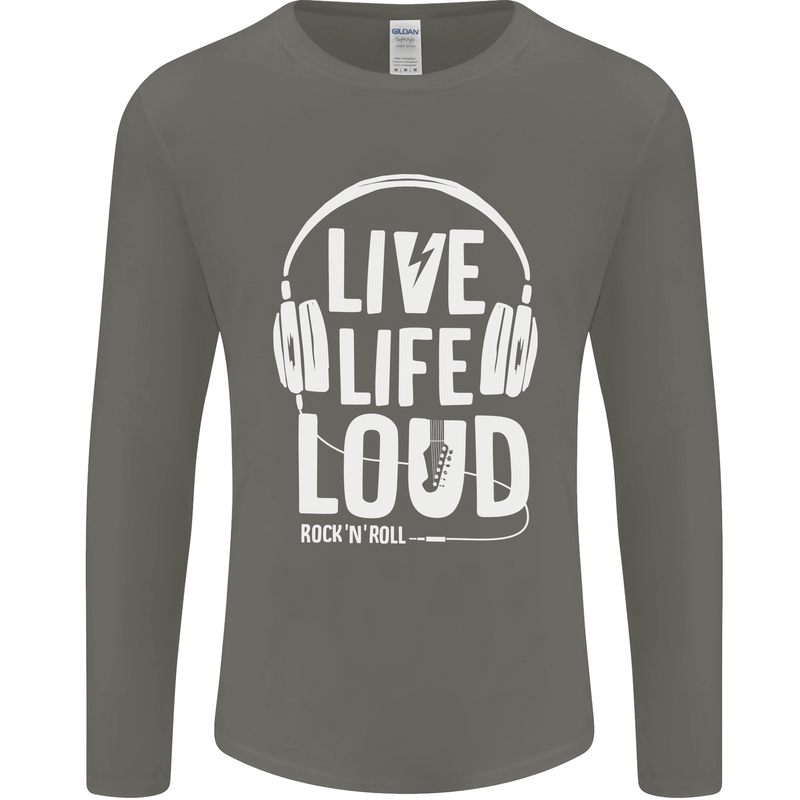 Music Live Life Loud Rock n Roll Guitar Mens Long Sleeve T-Shirt Charcoal