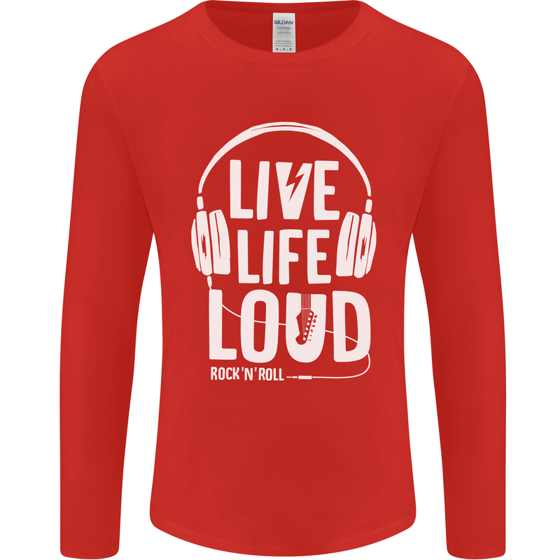 Music Live Life Loud Rock n Roll Guitar Mens Long Sleeve T-Shirt Red