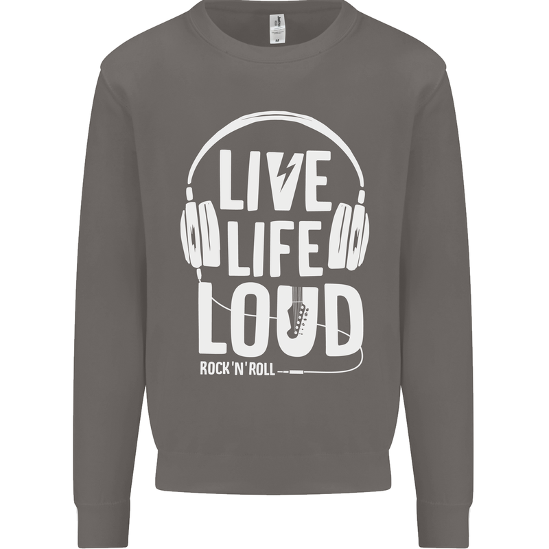 Music Live Life Loud Rock n Roll Guitar Mens Sweatshirt Jumper Charcoal