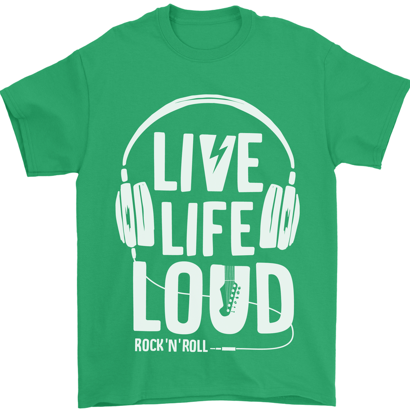 Music Live Life Loud Rock n Roll Guitar Mens T-Shirt 100% Cotton Irish Green