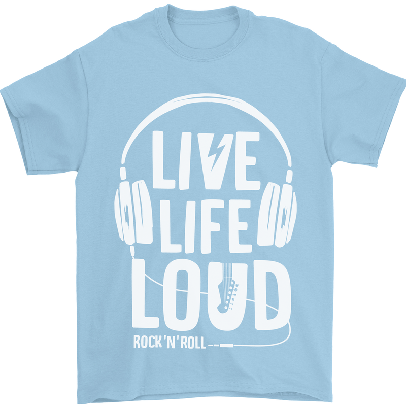 Music Live Life Loud Rock n Roll Guitar Mens T-Shirt 100% Cotton Light Blue