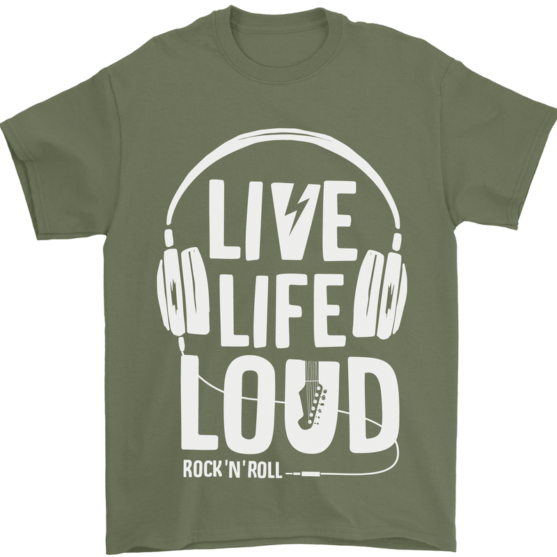 Music Live Life Loud Rock n Roll Guitar Mens T-Shirt 100% Cotton Military Green