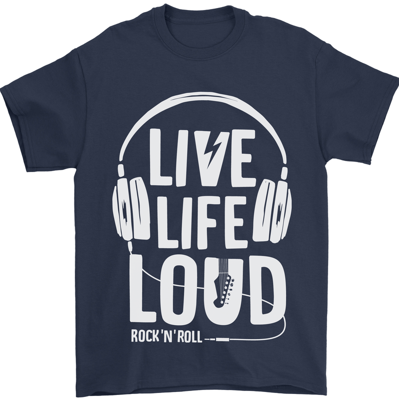 Music Live Life Loud Rock n Roll Guitar Mens T-Shirt 100% Cotton Navy Blue