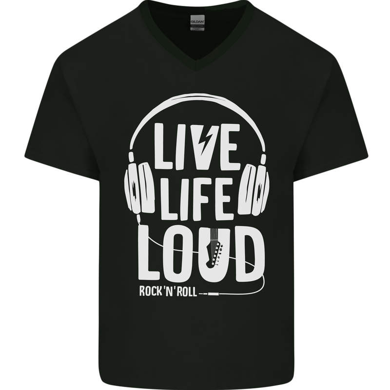 Music Live Life Loud Rock n Roll Guitar Mens V-Neck Cotton T-Shirt Black