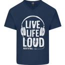 Music Live Life Loud Rock n Roll Guitar Mens V-Neck Cotton T-Shirt Navy Blue