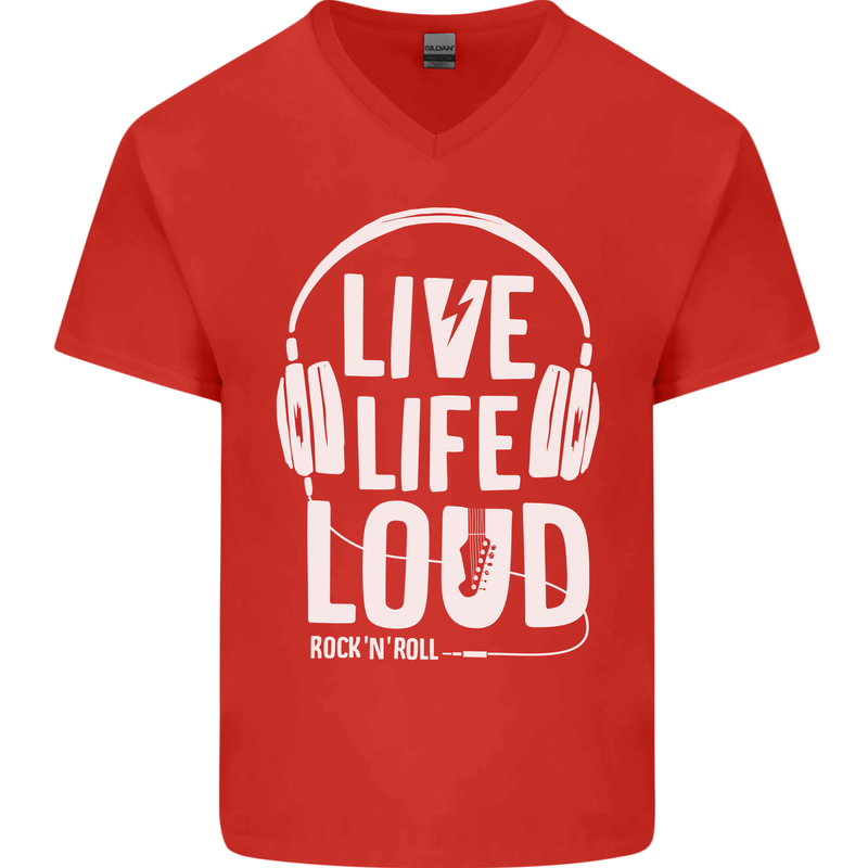 Music Live Life Loud Rock n Roll Guitar Mens V-Neck Cotton T-Shirt Red