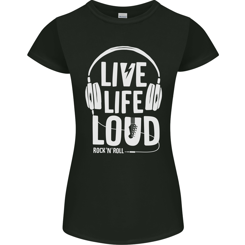 Music Live Life Loud Rock n Roll Guitar Womens Petite Cut T-Shirt Black