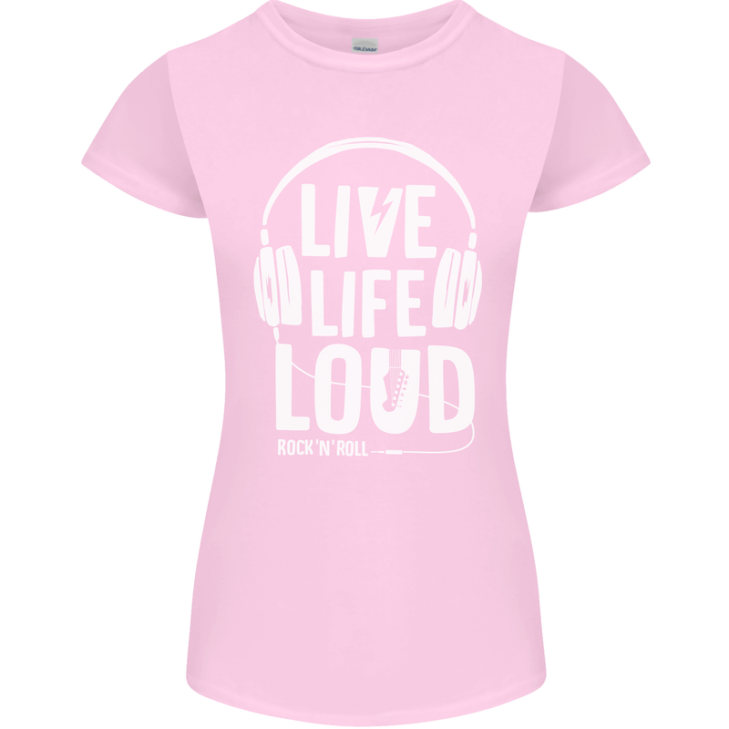 Music Live Life Loud Rock n Roll Guitar Womens Petite Cut T-Shirt Light Pink