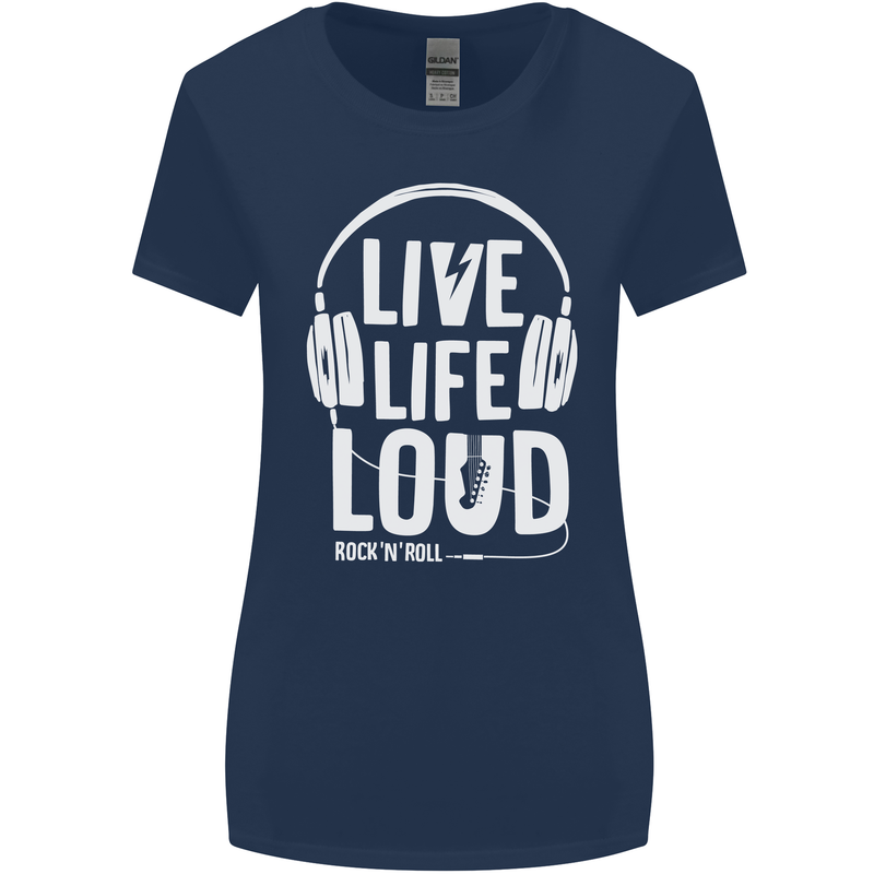 Music Live Life Loud Rock n Roll Guitar Womens Wider Cut T-Shirt Navy Blue