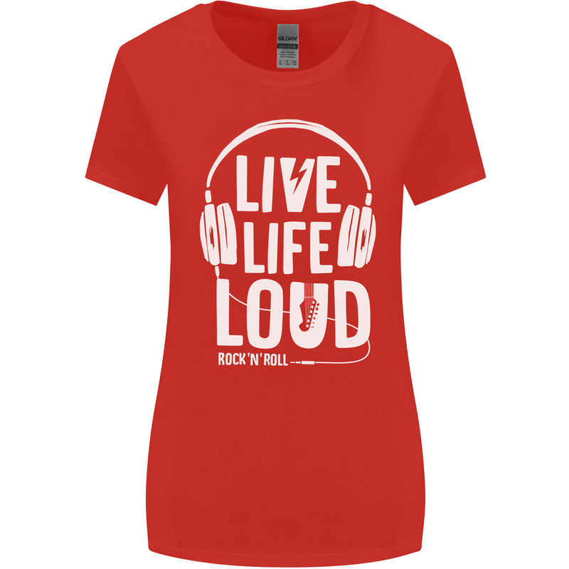 Music Live Life Loud Rock n Roll Guitar Womens Wider Cut T-Shirt Red