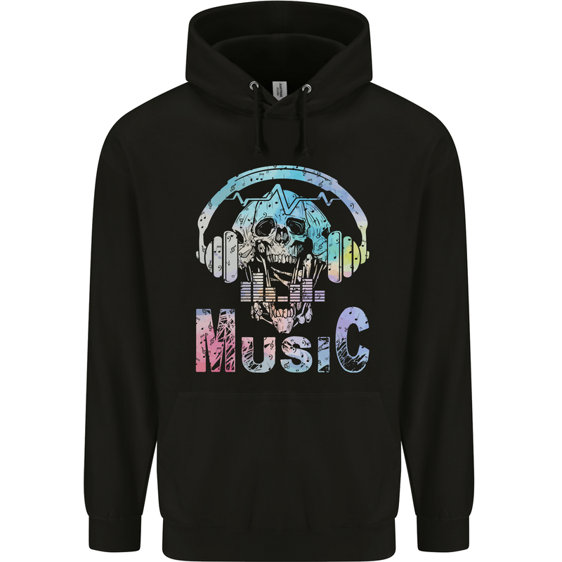 Music Skull With Headphones Dance Tekno Childrens Kids Hoodie Black