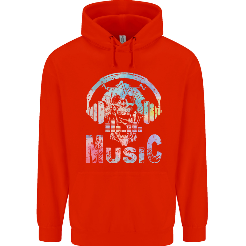 Music Skull With Headphones Dance Tekno Childrens Kids Hoodie Bright Red