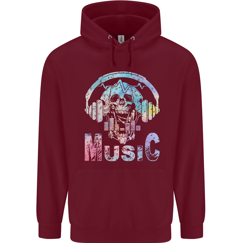 Music Skull With Headphones Dance Tekno Childrens Kids Hoodie Maroon