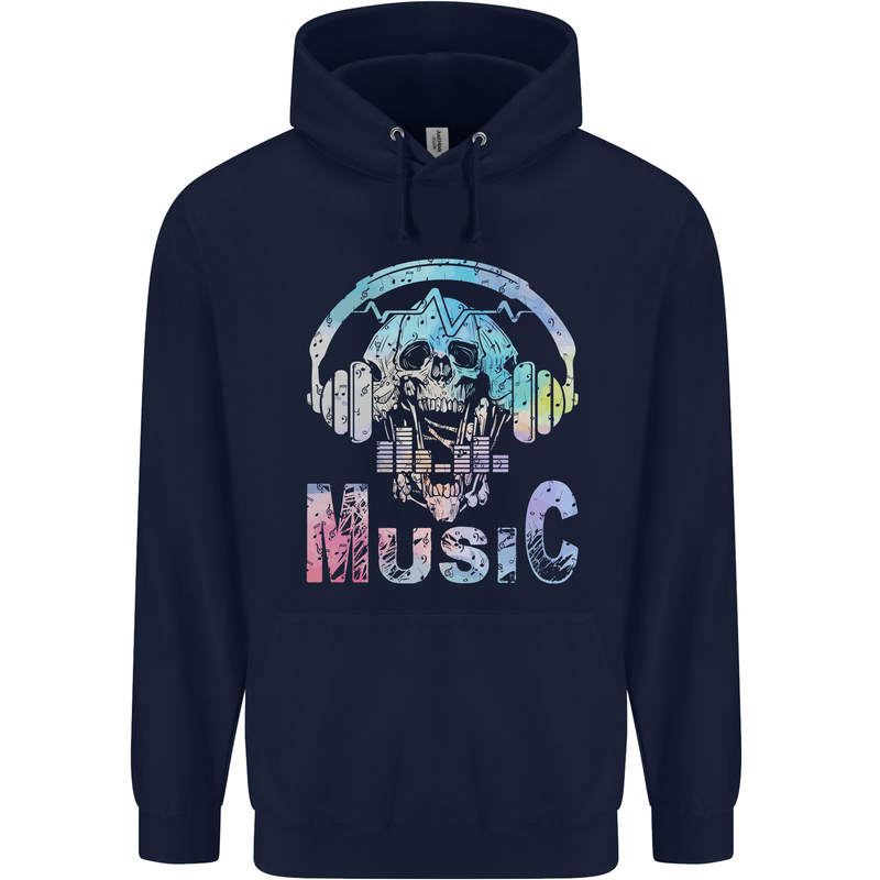 Music Skull With Headphones Dance Tekno Childrens Kids Hoodie Navy Blue