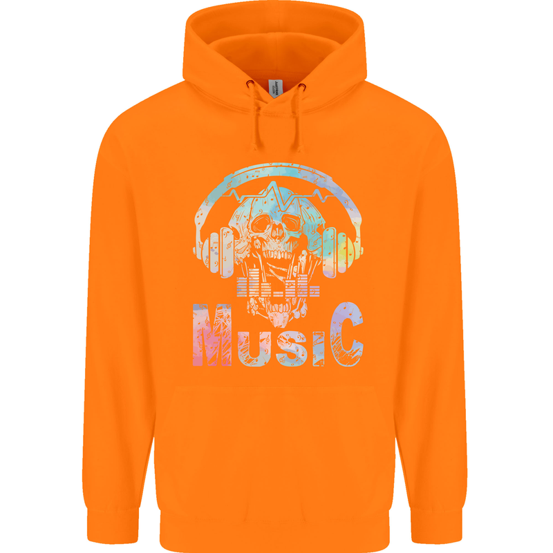 Music Skull With Headphones Dance Tekno Childrens Kids Hoodie Orange