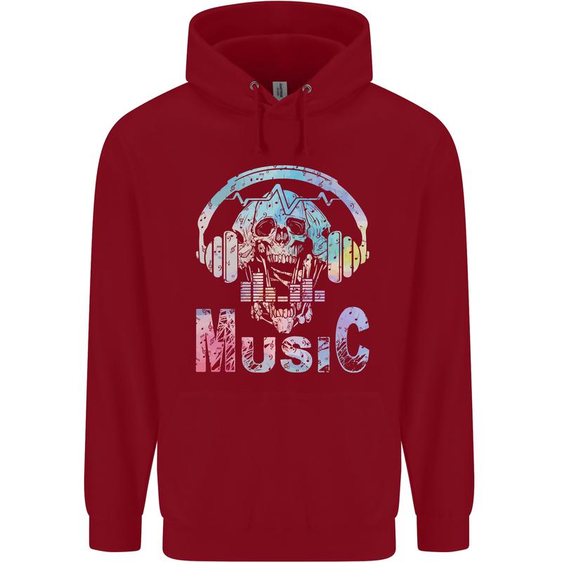 Music Skull With Headphones Dance Tekno Childrens Kids Hoodie Red