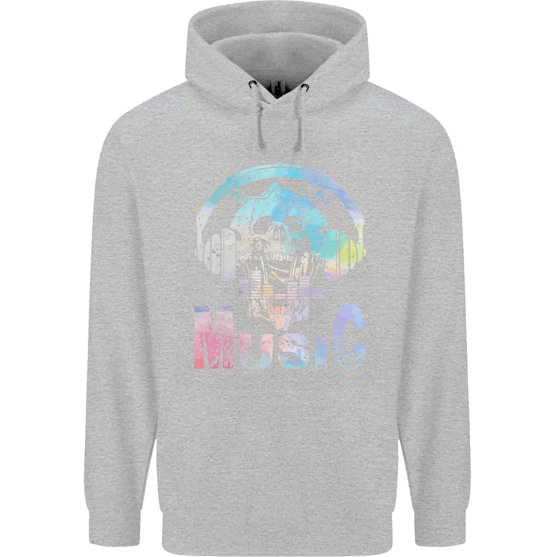 Music Skull With Headphones Dance Tekno Childrens Kids Hoodie Sports Grey