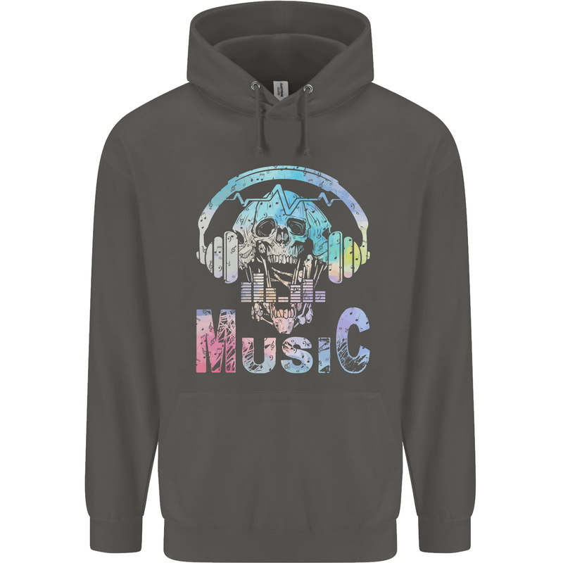 Music Skull With Headphones Dance Tekno Childrens Kids Hoodie Storm Grey