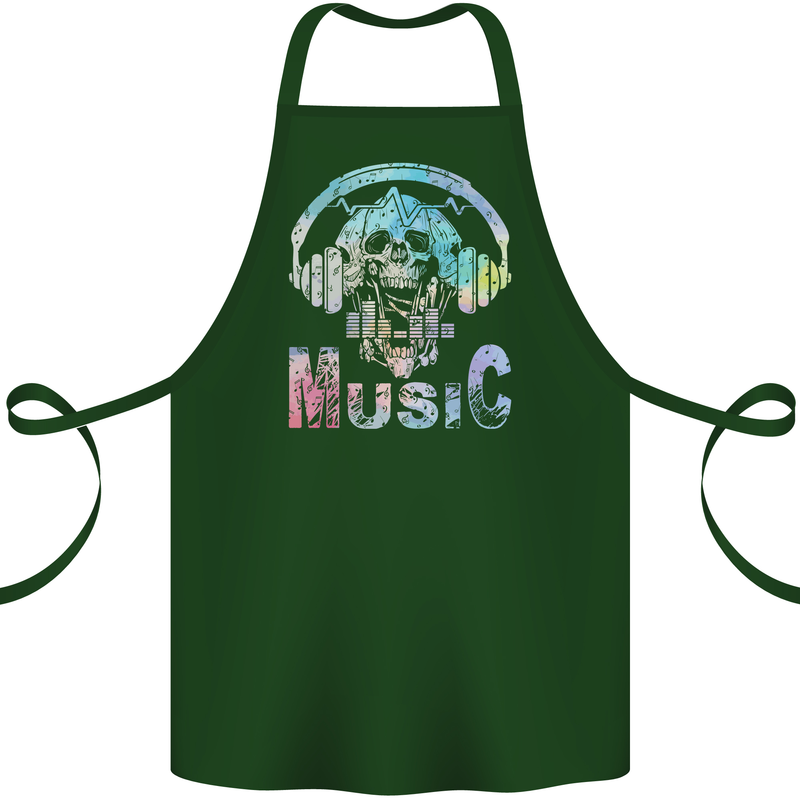 Music Skull With Headphones Dance Tekno Cotton Apron 100% Organic Forest Green