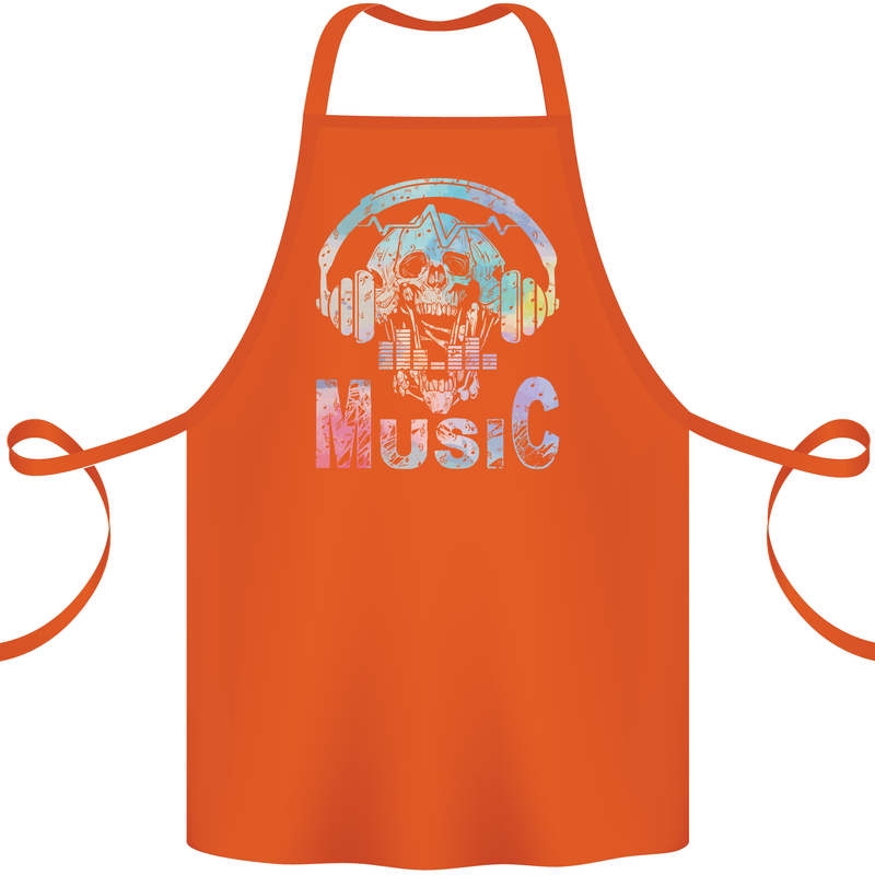 Music Skull With Headphones Dance Tekno Cotton Apron 100% Organic Orange