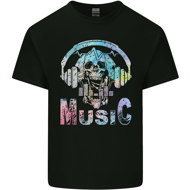 Music Skull With Headphones Dance Tekno Kids T-Shirt Childrens Black