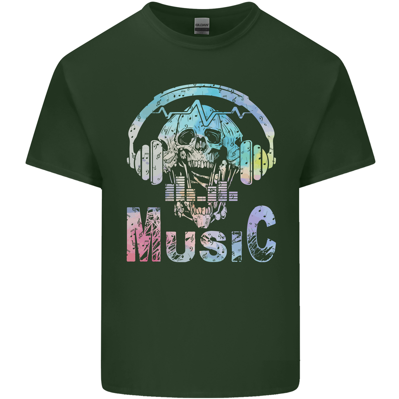 Music Skull With Headphones Dance Tekno Mens Cotton T-Shirt Tee Top Forest Green