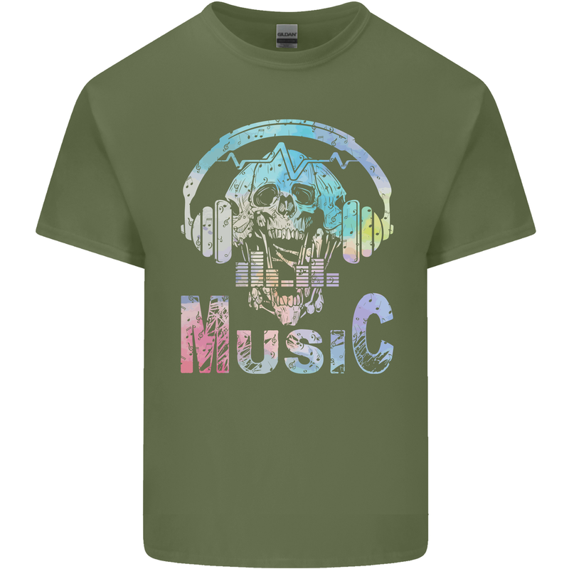 Music Skull With Headphones Dance Tekno Mens Cotton T-Shirt Tee Top Military Green