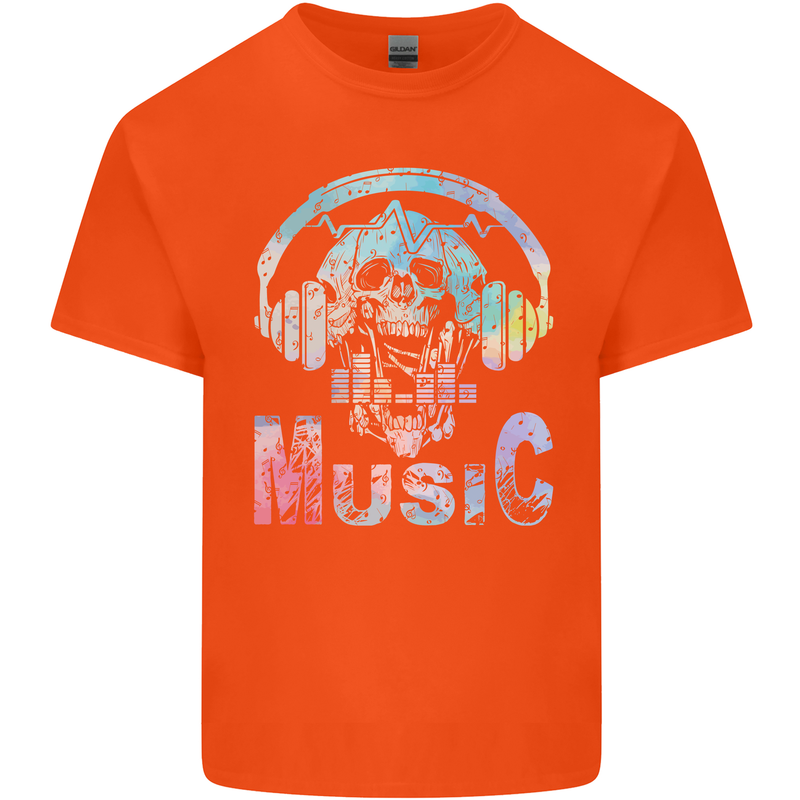 Music Skull With Headphones Dance Tekno Mens Cotton T-Shirt Tee Top Orange