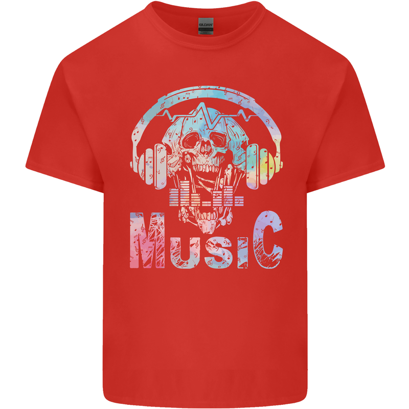 Music Skull With Headphones Dance Tekno Mens Cotton T-Shirt Tee Top Red