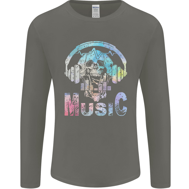 Music Skull With Headphones Dance Tekno Mens Long Sleeve T-Shirt Charcoal