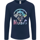 Music Skull With Headphones Dance Tekno Mens Long Sleeve T-Shirt Navy Blue
