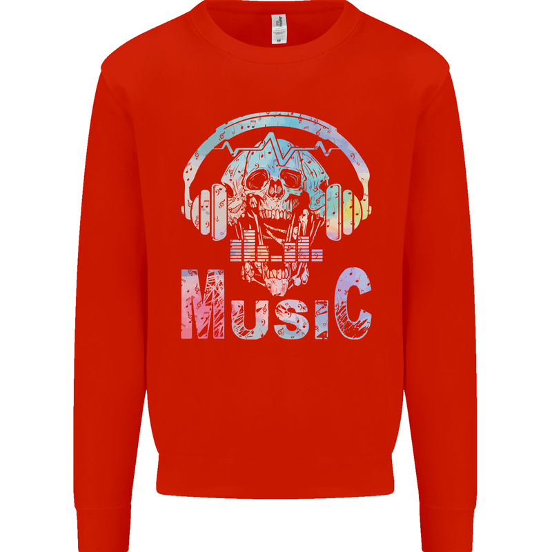 Music Skull With Headphones Dance Tekno Mens Sweatshirt Jumper Bright Red