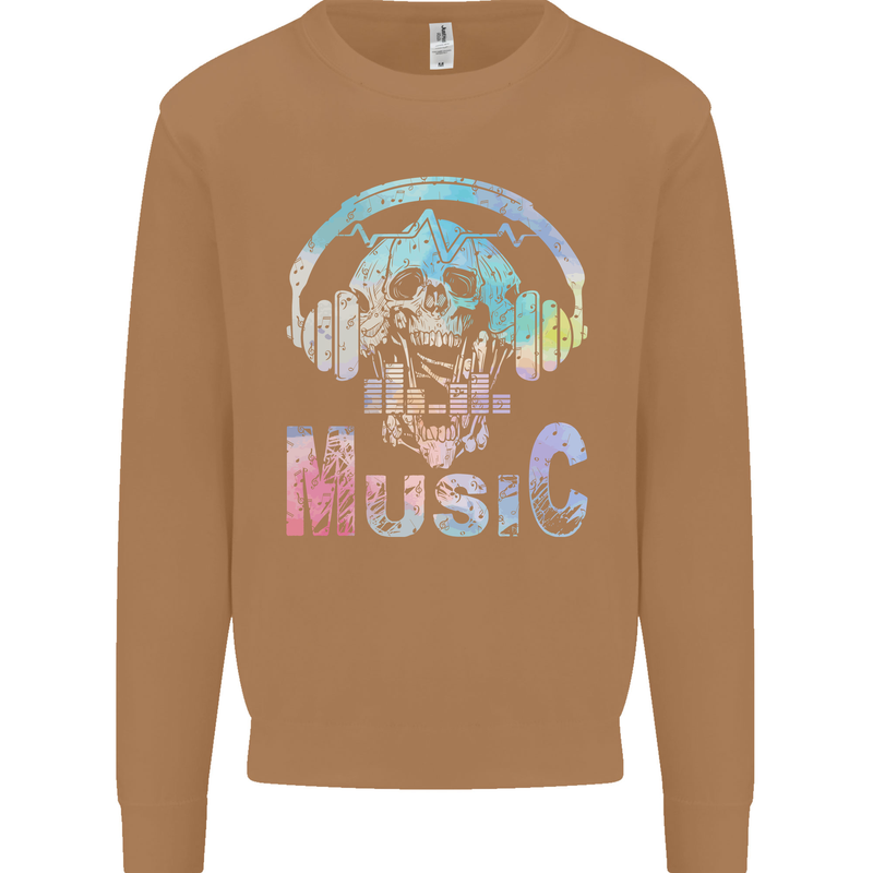 Music Skull With Headphones Dance Tekno Mens Sweatshirt Jumper Caramel Latte