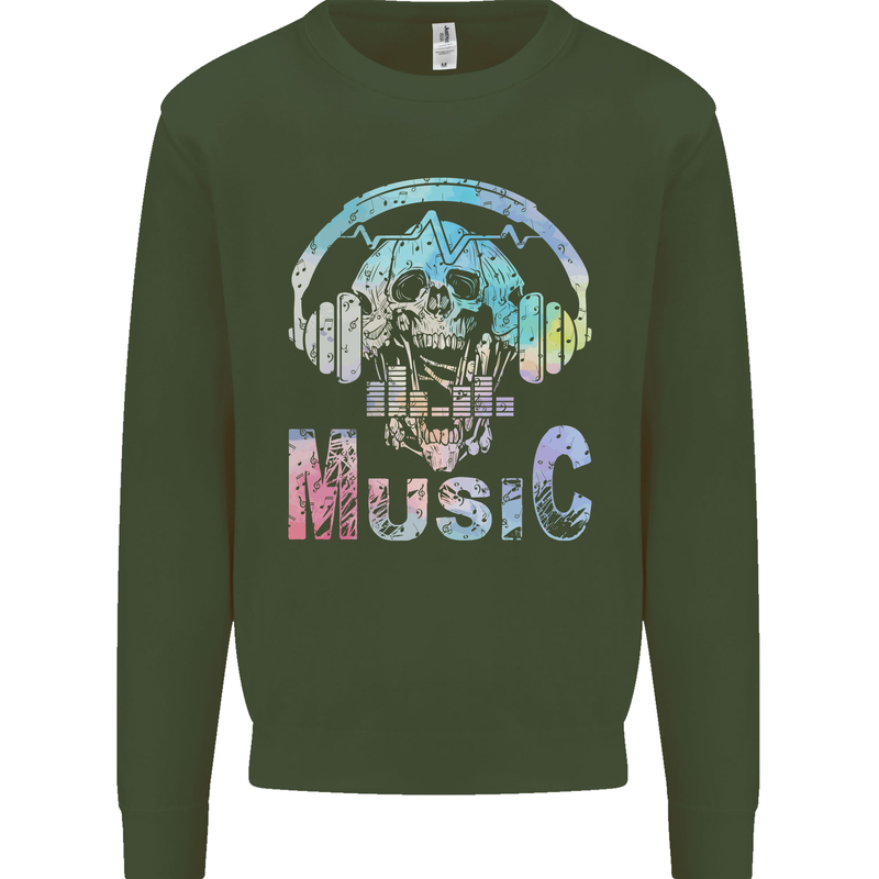 Music Skull With Headphones Dance Tekno Mens Sweatshirt Jumper Forest Green