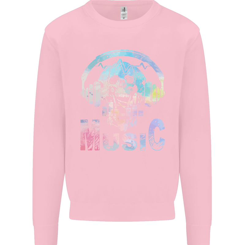 Music Skull With Headphones Dance Tekno Mens Sweatshirt Jumper Light Pink