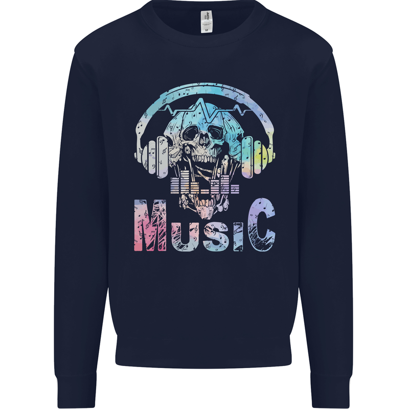 Music Skull With Headphones Dance Tekno Mens Sweatshirt Jumper Navy Blue