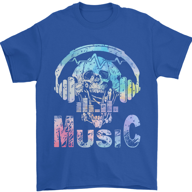 Music Skull With Headphones Dance Tekno Mens T-Shirt 100% Cotton Royal Blue