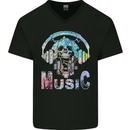 Music Skull With Headphones Dance Tekno Mens V-Neck Cotton T-Shirt Black