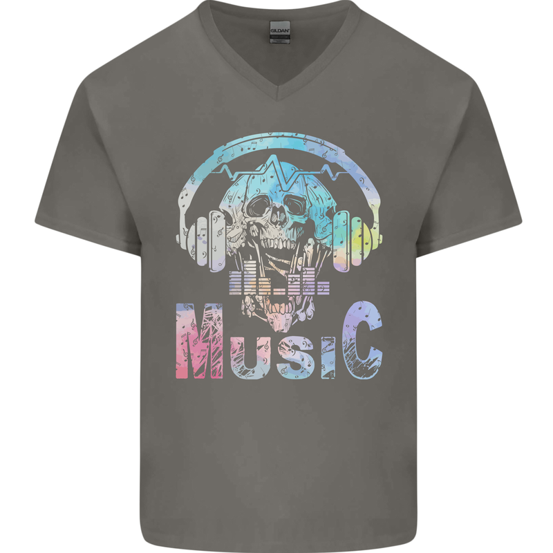 Music Skull With Headphones Dance Tekno Mens V-Neck Cotton T-Shirt Charcoal